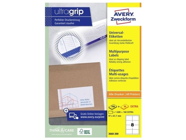 Avery-Zweckform 3660-200 Universelle etiketter 97 x 67.7 mm Papir Hvid 1760 stk Permanent vedhæftningsevne Farvelaserprinter