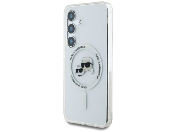 Karl Lagerfeld Button Karl &amp; Choupette Heads Painettu Logo MagSafe tapauksessa Samsung Galaxy S25 valkoinen