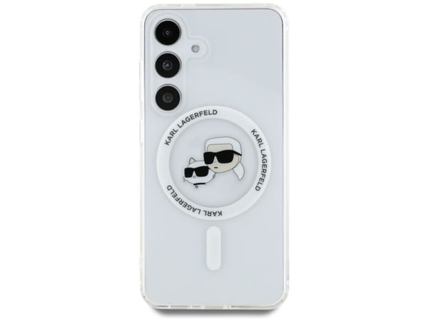 Karl Lagerfeld Button Karl &amp; Choupette Heads Painettu Logo MagSafe tapauksessa Samsung Galaxy S25 valkoinen