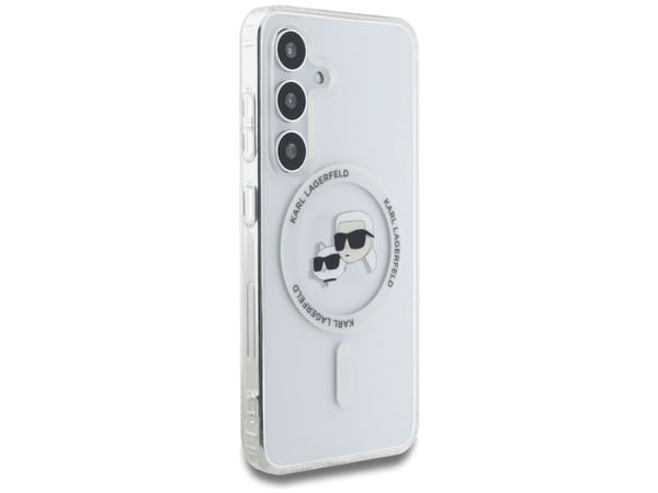 Karl Lagerfeld Button Karl &amp; Choupette Heads Painettu Logo MagSafe tapauksessa Samsung Galaxy S25 valkoinen