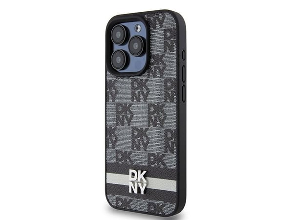 Apple iPhone 15 Pro DKNY originalfodral med rutigt mono-mönster & tryckta ränder (DKHCP15LPCPTSSK) svart