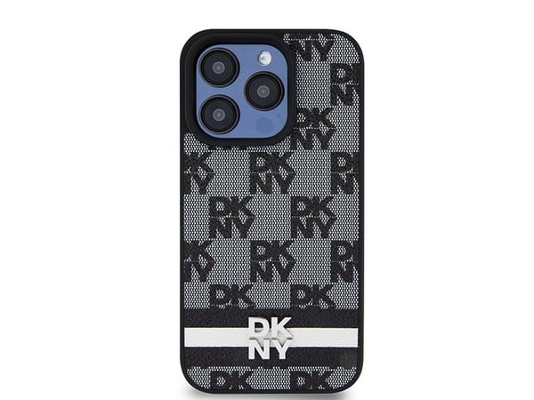 Apple iPhone 15 Pro DKNY originalfodral med rutigt mono-mönster & tryckta ränder (DKHCP15LPCPTSSK) svart