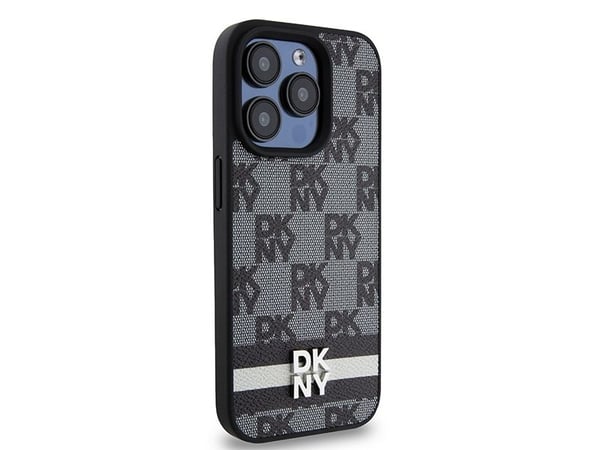 Apple iPhone 15 Pro DKNY originalfodral med rutigt mono-mönster & tryckta ränder (DKHCP15LPCPTSSK) svart