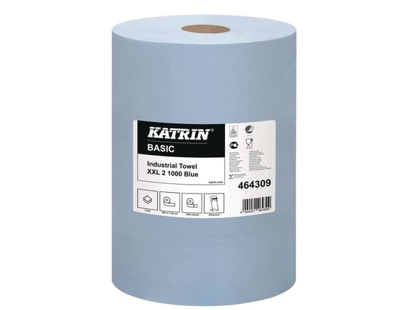 Industrirull, verkstedrull, Katrin Basic, 2-lags, 360 m x 38 cm, Ø29 cm, blå, blandede fibre - (2 ruller per kartong)