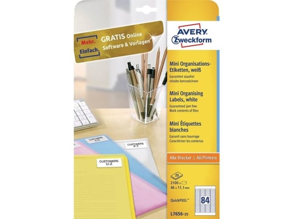 Etiketter Avery Zweckform L7656-25 hvid 1,1x4,6 cm - (84 stk. x 25 ark)