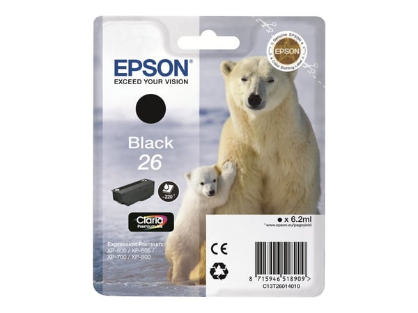 Epson Polar bear Yksittäispakkaus, keltainen 26 Claria Premium -muste, Perusvärintuotto, Väriainepohjainen muste, 4,5 ml, 300 sivua, 1 kpl