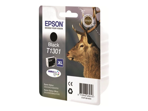 Epson Stag Yksittäispakkaus, musta T1301 DURABrite Ultra -muste, Korkea (XL) värintuotto, Musta, Väriainepohjainen muste, 25,4 ml, 25,4 ml, 1 kpl