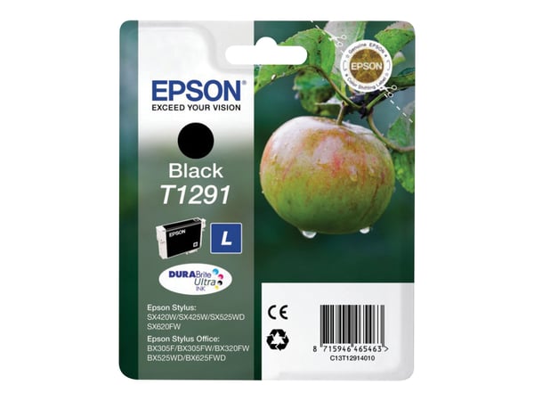 Epson T1291 - L-størrelse - svart - original - blære med RF-alarm - blekkpatron - for Stylus SX230, SX235, SX430, SX438; WorkForce WF-3010, 3520, 3...
