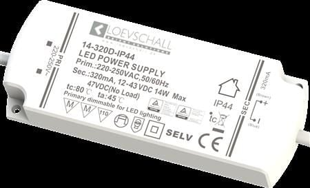 ID-LED himmennettävä ohjain 320mA +10/-10% spotille 4.5W-15W, HBL= 16x45x115mm, jakelukotelolla 6 ulostulolle