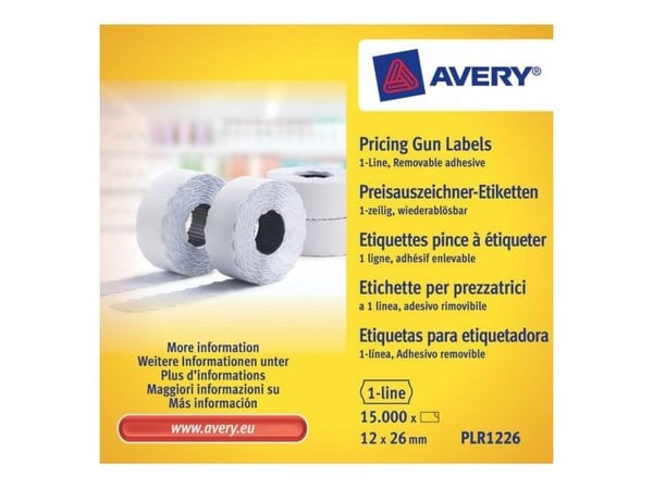 Prisetiket Avery PLR1226 hvid 26x12 mm aftagelige - (15.000 etiketter) Prisetiket Avery PLR1226 hvid 26x12 mm aftagelige - (15.000 etiketter)