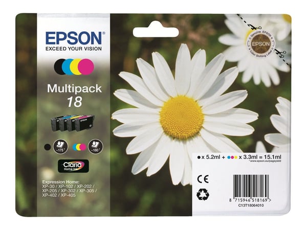 Epson 18 Multipack - 4-pack - 15.1 ml - svart, gul, cyan, magenta - original - blære med RF/lyd-alarm - blekkpatron - for Expression Home XP-212, 2...