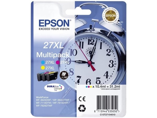 Epson 27XL Multipack - 3-pack - 31.2 ml - XL - gul, cyan, magenta - original - blære med RF-alarm - blekkpatron - for WorkForce WF-3620, WF-3640, W...