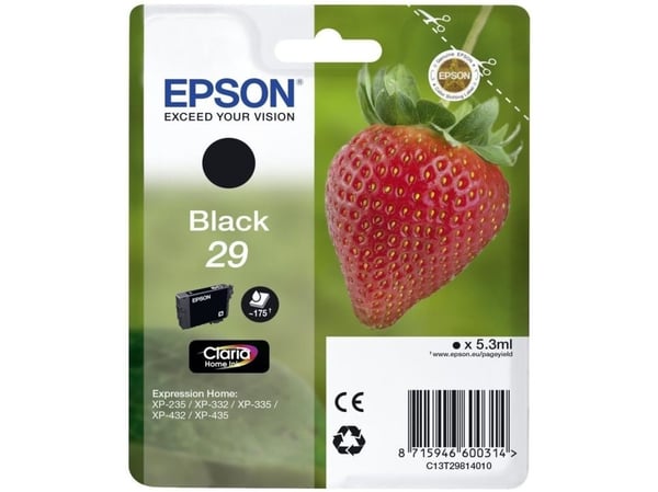 Epson Strawberry Singlepack Black 29 Claria Home Ink, Perusvärintuotto, Musta, Väriainepohjainen muste, 5,3 ml, 1 kpl, 175 sivua