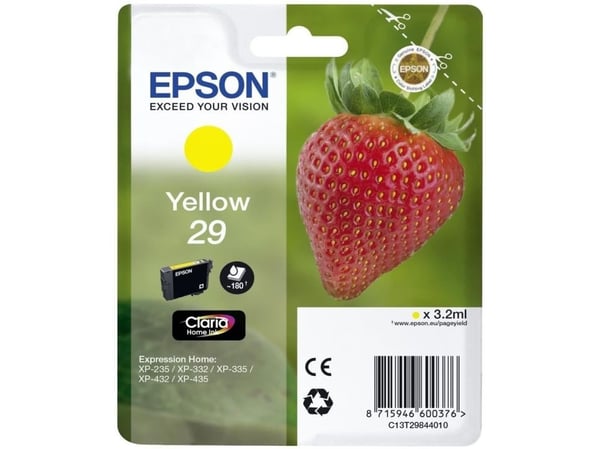 Epson Strawberry Singlepack Yellow 29 Claria Home Ink, Perusvärintuotto, Keltainen, Väriainepohjainen muste, 3,2 ml, 1 kpl, 180 sivua