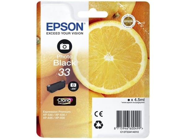 Epson Oranges 33 Appelsiinit Claria Premium, yksittäispakkaus, valokuvamusta muste, Perusvärintuotto, Musta, Väripohjainen muste, 4,5 ml, 1 kpl, 20...
