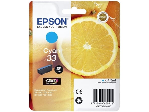 Epson Oranges Singlepack Cyan 33 Claria Premium Ink, Perusvärintuotto, Syaani, 4,5 ml, 1 kpl, 300 sivua