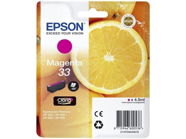 Epson Oranges Singlepack Magenta 33 Claria Premium Ink, Perusvärintuotto, Väriainepohjainen muste, 4,5 ml, 300 sivua, 1 kpl