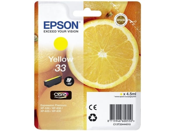 Epson Oranges Singlepack Yellow 33 Claria Premium Ink, Perusvärintuotto, Keltainen, Väriainepohjainen muste, 4,5 ml, 1 kpl, 300 sivua