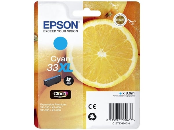 Epson 33XL - 8,9 ml - XL - syaani - alkuperäinen - läpipainopakkaus - värikasetti - Expression Home XP-635, 830; Expression Premium XP-530, 540, 63...