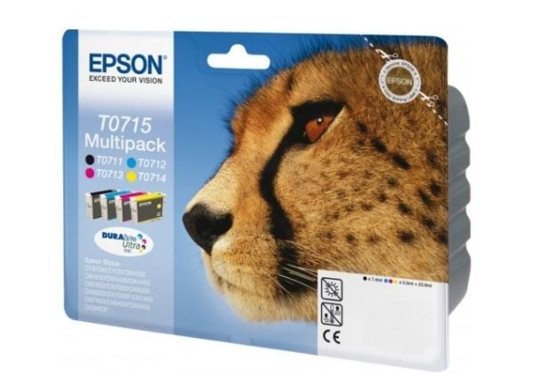 Epson T0715 Multipack - 4-pack - 23.9 ml - svart, gul, cyan, magenta - original - blære med RF/lyd-alarm - blekkpatron - for Stylus DX9400, SX115, ...