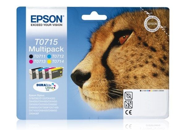 Epson T0715 Multipack - 4-pack - 23.9 ml - svart, gul, cyan, magenta - original - blære med RF/lyd-alarm - blekkpatron - for Stylus DX9400, SX115, ...
