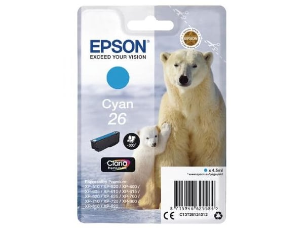 Epson Polar bear Yksittäispakkaus, syaani 26 Claria Premium -muste, Perusvärintuotto, 4,5 ml, 300 sivua, 1 kpl