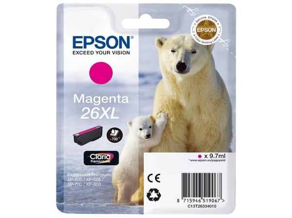 Epson Polar bear Yksittäispakkaus, magenta 26XL Claria Premium -muste, Korkea (XL) värintuotto, Väriainepohjainen muste, 9,7 ml, 700 sivua, 1 kpl