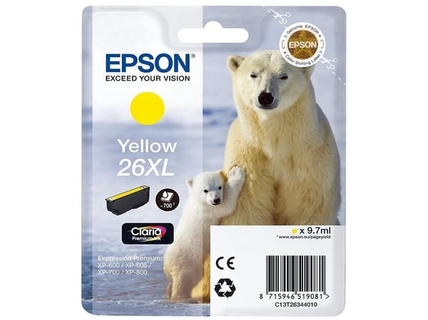 Epson Polar bear Yksittäispakkaus, keltainen 26XL Claria Premium -muste, Korkea (XL) värintuotto, Väriainepohjainen muste, 9,7 ml, 700 sivua, 1 kpl