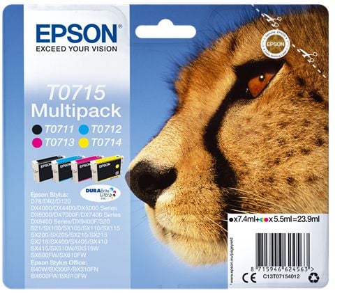 Epson Monipakkaus, 4 väriä T0715 DURABrite Ultra -muste, Perusvärintuotto, Musta, Syaani, Magenta, Keltainen, 7,4 ml, 5,5 ml, 1 kpl, Monipakkaus