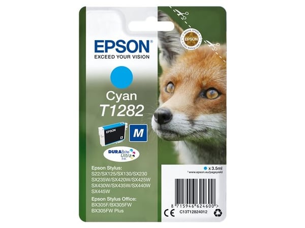 Epson Fox T1282 Kettu DURABrite Ultra, yksittäispakkaus, syaani muste, Syaani, 3,5 ml, 1 kpl, 260 sivua, Kertapakkaus