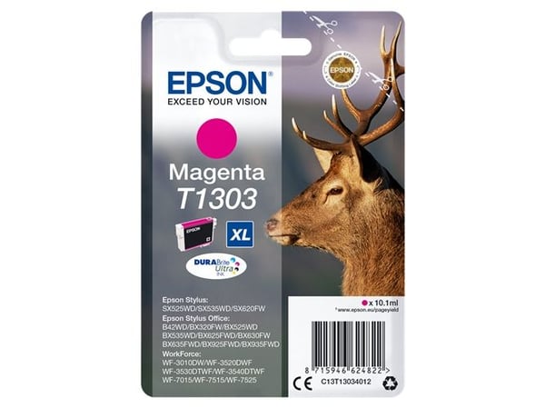 Epson Stag Yksittäispakkaus, magenta T1303 DURABrite Ultra -muste, Korkea (XL) värintuotto, Väriainepohjainen muste, 10,1 ml, 600 sivua, 1 kpl