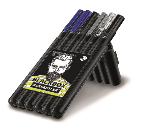 STAEDTLER triplus Black box - Kynä, Fineliner, rajauskynä, valokynä, mekaaninen lyijykynä ja rullakärkisetti - musta, sininen, keltainen (6 kpl)