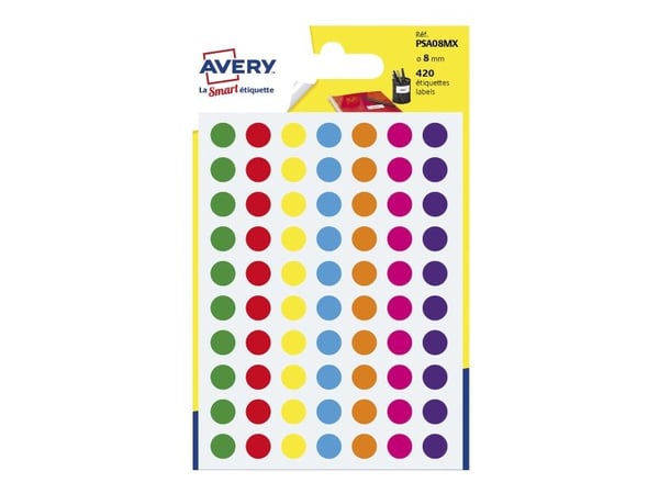 Etiketter Avery PSA08mx Ø8mm ass. farver (pakke á 420 stk.)