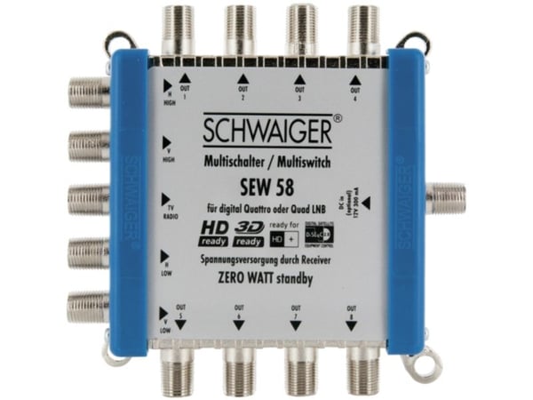 Schwaiger SEW58 531, 5 ingångar, 8 utgångar, 950 - 2150 MHz, 5 - 790 MHz, F, 14V, 18V