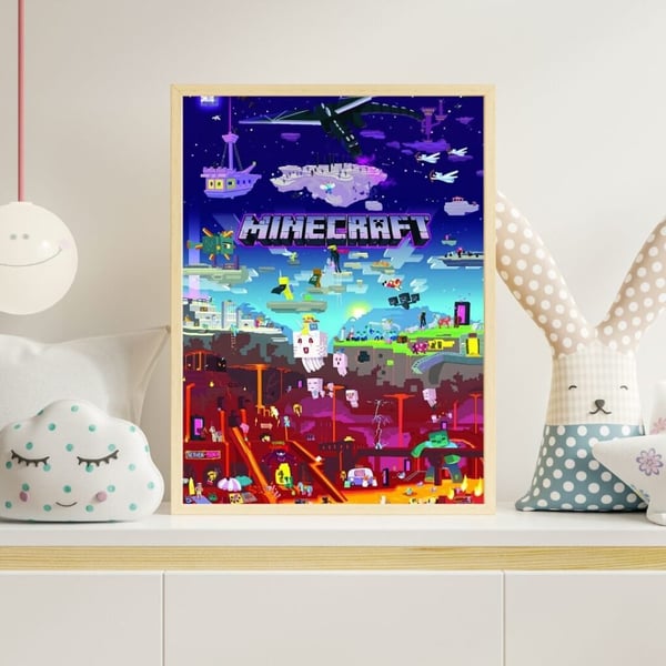 Blå Minecraft Affisch 50x70 cm – Gaming Poster | Minecraft Väggkonst | Gamer Dekoration