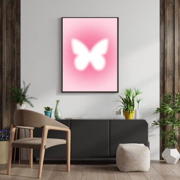 Perhosjuliste 50x70 cm – Vaaleanpunainen Perhosjuliste | Minimalistinen Seinätaide | Moderni Sisustus