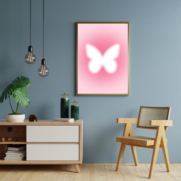 Perhosjuliste 50x70 cm – Vaaleanpunainen Perhosjuliste | Minimalistinen Seinätaide | Moderni Sisustus