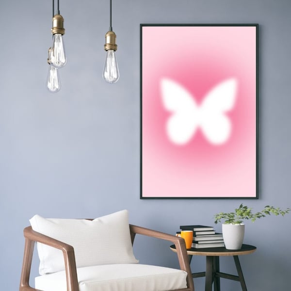 Perhosjuliste 50x70 cm – Vaaleanpunainen Perhosjuliste | Minimalistinen Seinätaide | Moderni Sisustus