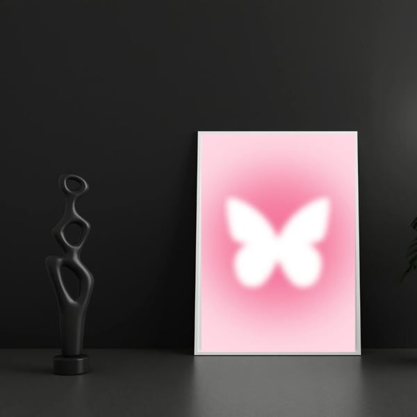 Perhosjuliste 50x70 cm – Vaaleanpunainen Perhosjuliste | Minimalistinen Seinätaide | Moderni Sisustus