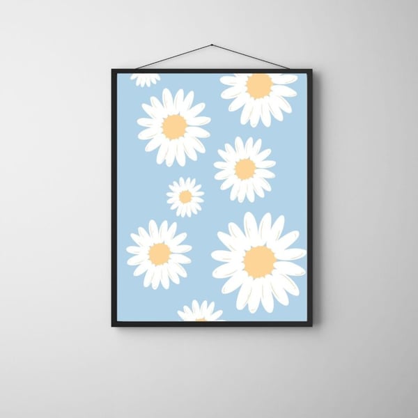 Daisy Plakat 50x70 cm – Marguerit Blomster Plakat | Blå Baggrund | Moderne Vægkunst