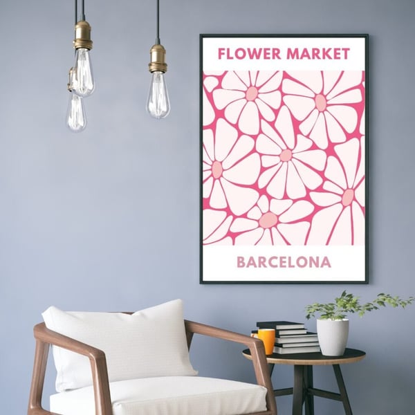 Flower Market Barcelona Plakat 50x70 cm – Rosa Blomst Plakat | Moderne Vægkunst | Trendy Design