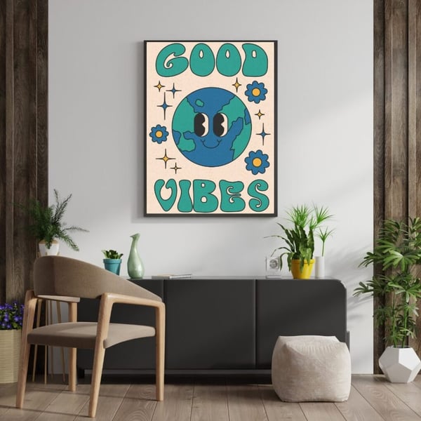Good Vibes Poster 50x70 cm – Retro Affisch | Färgglad Väggkonst | Positiv Text Poster
