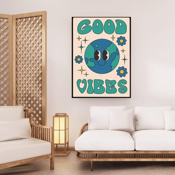 Good Vibes Plakat 50x70 cm – Retro Plakat | Farverig Vægkunst | Positiv Tekst Plakat