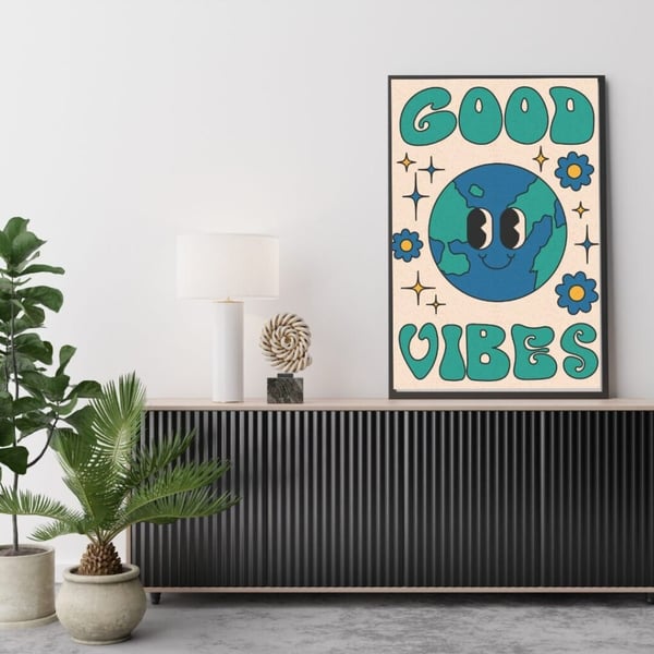 Good Vibes Plakat 50x70 cm – Retro Plakat | Farverig Vægkunst | Positiv Tekst Plakat