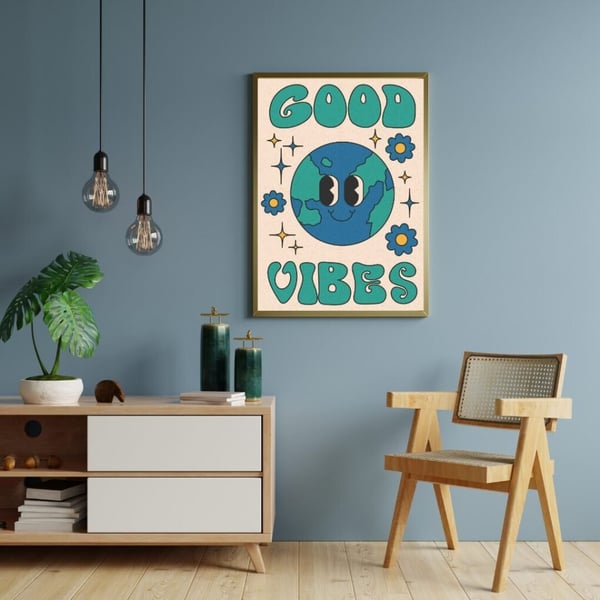 Good Vibes Plakat 50x70 cm – Retro Plakat | Farverig Vægkunst | Positiv Tekst Plakat