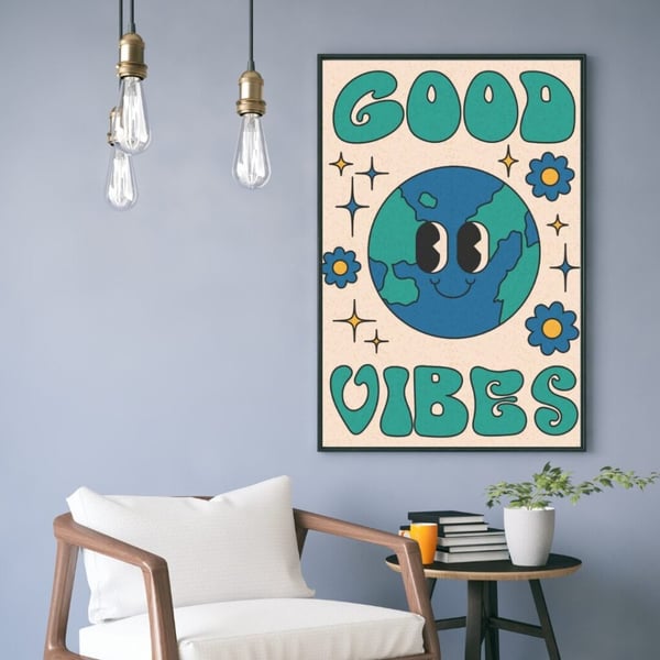 Good Vibes Plakat 50x70 cm – Retro Plakat | Farverig Vægkunst | Positiv Tekst Plakat
