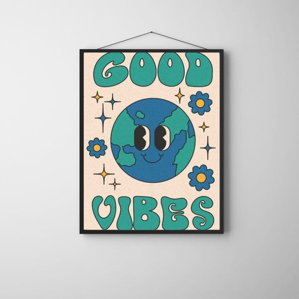 Good Vibes Plakat 50x70 cm – Retro Plakat | Farverig Vægkunst | Positiv Tekst Plakat
