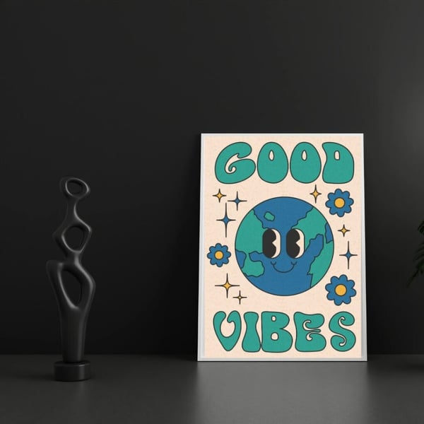 Good Vibes Plakat 50x70 cm – Retro Plakat | Farverig Vægkunst | Positiv Tekst Plakat
