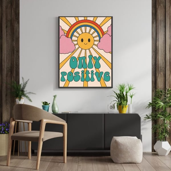 Only Positive -juliste 50x70 cm – Retro Sateenkaari Juliste | Motivaatiotaulu | Värikäs Sisustus