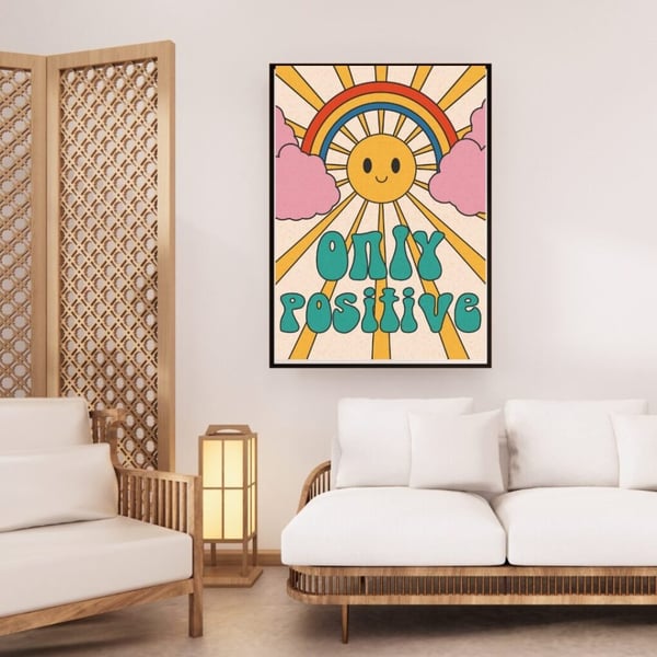 Only Positive Plakat 50x70 cm – Retro Regnbue Plakat | Motivations Vægkunst | Farverig Dekoration